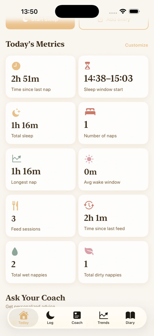 Nestling daily sleep summary with total hours and nap breakdown