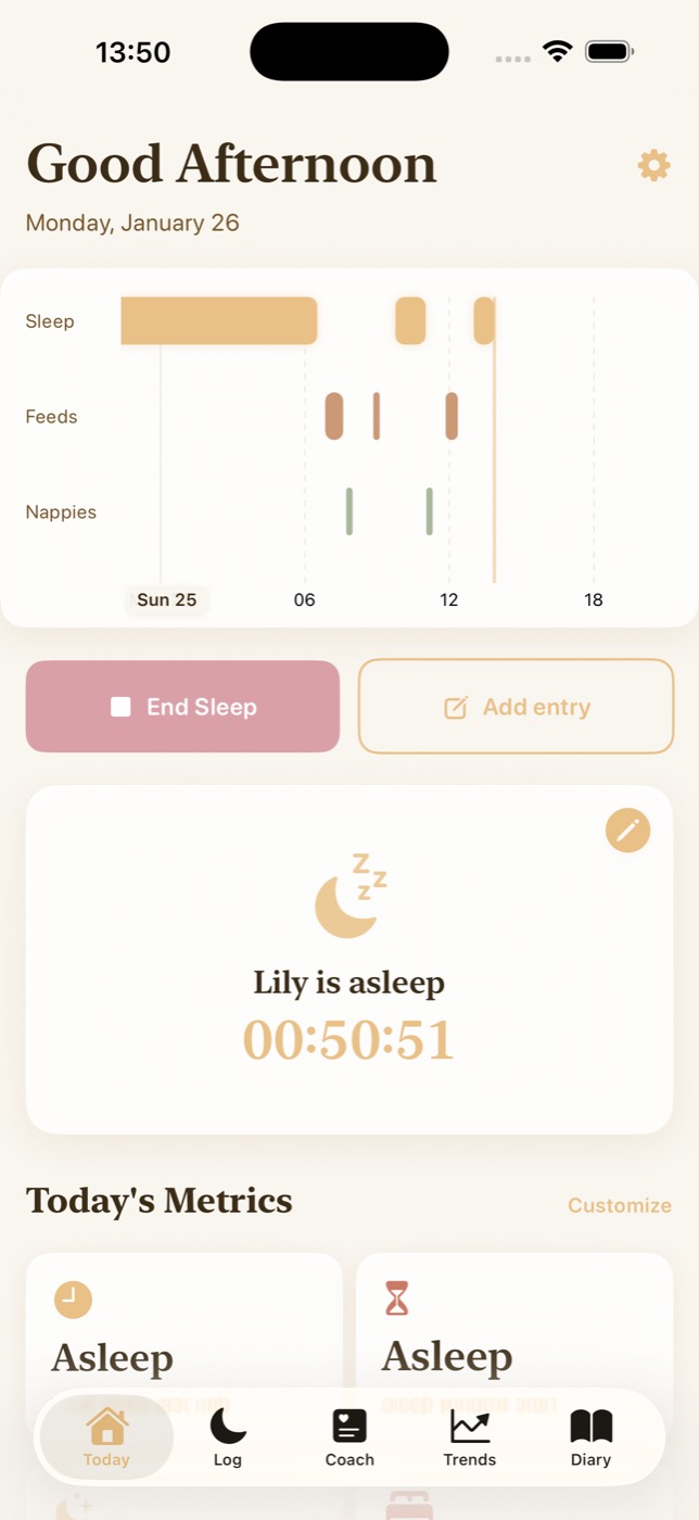 Nestling baby sleep tracking interface showing one-tap timer